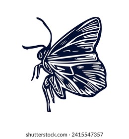 Handmade blockprint butterfly vector motif clipart in folkart scandi style. Simple monochrome linocut lepidoptera shapes with naive rural lineart.