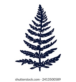 Handmade blockprint fern leaf motif clipart in folkart scandi style. Simple monochrome linocut plant shapes with naive rural lineart.