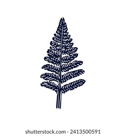 Handmade blockprint fern leaf motif clipart in folkart scandi style. Simple monochrome linocut plant shapes with naive rural lineart.