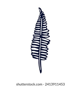 Handmade blockprint fern leaf motif clipart in folkart scandi style. Simple monochrome linocut plant shapes with naive rural lineart.