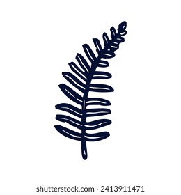 Handmade blockprint fern leaf motif clipart in folkart scandi style. Simple monochrome linocut plant shapes with naive rural lineart.