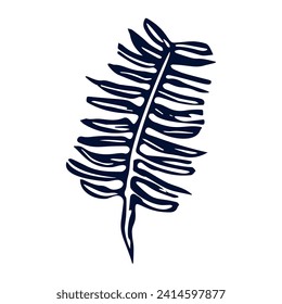 Handmade blockprint fern leaf vector motif clipart in folkart scandi style. Simple monochrome linocut plant shapes with naive rural lineart.