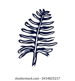 Handmade blockprint fern leaf vector motif clipart in folkart scandi style. Simple monochrome linocut plant shapes with naive rural lineart.