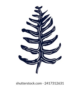 Handmade blockprint fern leaf vector motif clipart in folkart scandi style. Simple monochrome linocut plant shapes with naive rural lineart.