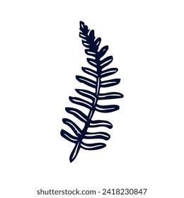 Handmade blockprint fern leaf vector motif clipart in folkart scandi style. Simple monochrome linocut plant shapes with naive rural lineart.