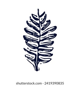 Handmade blockprint fern leaf vector motif clipart in folkart scandi style. Simple monochrome linocut plant shapes with naive rural lineart.