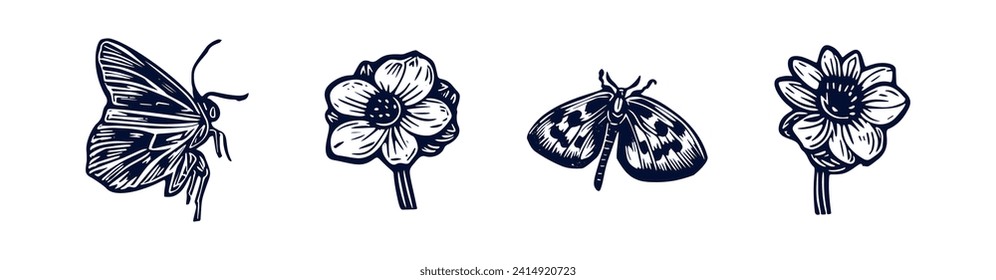 Handmade blockprint flower butterfly vector motif clipart set in folkart scandi style. Simple monochrome linocut floral shapes with naive rural lineart collection.