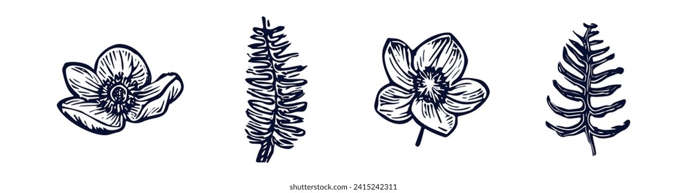 Handmade blockprint flower fern vector motif clipart set in folkart scandi style. Simple monochrome linocut floral leaf shapes with naive rural lineart collection.