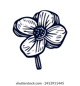 Handmade blockprint flower motif clipart in folkart scandi style. Simple monochrome linocut floral shapes with naive rural lineart.