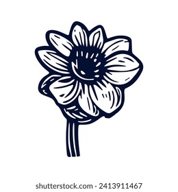 Handmade blockprint flower motif clipart in folkart scandi style. Simple monochrome linocut floral shapes with naive rural lineart.