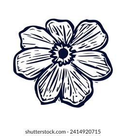 Handmade blockprint flower vector motif clipart in folkart scandi style. Simple monochrome linocut floral shapes with naive rural lineart.