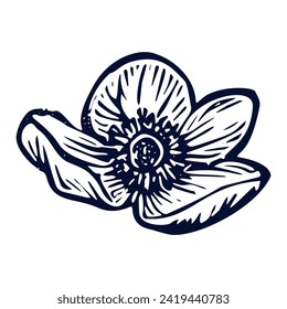 Handmade blockprint flower vector motif clipart in folkart scandi style. Simple monochrome linocut floral shapes with naive rural lineart.