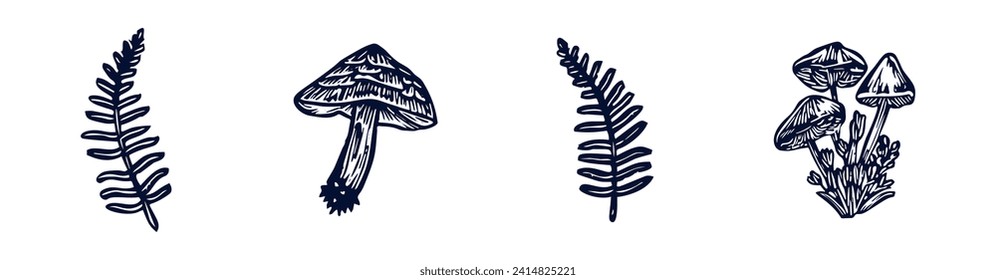 Handmade blockprint mushroom fern vector motif clipart set in folkart scandi style. Simple monochrome linocut fungi shapes with naive rural lineart collection