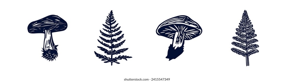 Handmade blockprint mushroom fern vector motif clipart set in folkart scandi style. Simple monochrome linocut fungi shapes with naive rural lineart collection