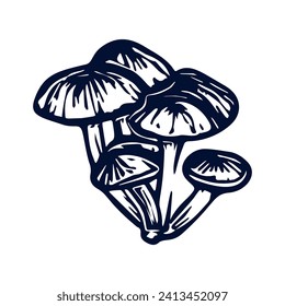 Handmade blockprint mushroom motif clipart in folkart scandi style. Simple monochrome linocut fungi shapes with naive rural lineart.