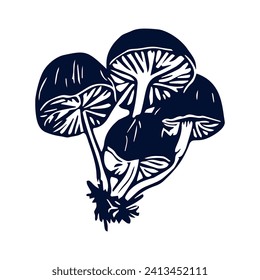 Handmade blockprint mushroom motif clipart in folkart scandi style. Simple monochrome linocut fungi shapes with naive rural lineart.