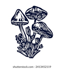 Handmade blockprint mushroom motif clipart in folkart scandi style. Simple monochrome linocut fungi shapes with naive rural lineart.