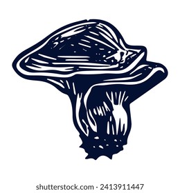 Handmade blockprint mushroom motif clipart in folkart scandi style. Simple monochrome linocut fungi shapes with naive rural lineart.