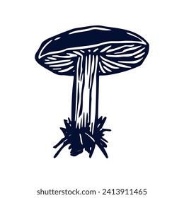 Handmade blockprint mushroom motif clipart in folkart scandi style. Simple monochrome linocut fungi shapes with naive rural lineart.