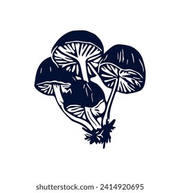 Handmade blockprint mushroom vector motif clipart in folkart scandi style. Simple monochrome linocut fungi shapes with naive rural lineart.