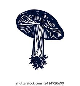 Handmade blockprint mushroom vector motif clipart in folkart scandi style. Simple monochrome linocut fungi shapes with naive rural lineart.