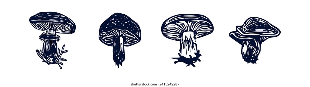 Handmade blockprint mushroom vector motif clipart set in folkart scandi style. Simple monochrome linocut fungi shapes with naive rural lineart collection. 