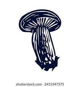 Handmade blockprint mushroom vector motif clipart in folkart scandi style. Simple monochrome linocut fungi shapes with naive rural lineart.