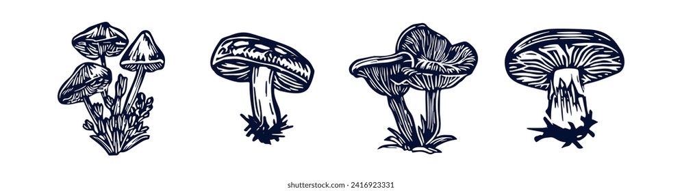 Handmade blockprint mushroom vector motif clipart set in folkart scandi style. Simple monochrome linocut fungi shapes with naive rural lineart collection. 