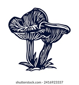 Handmade blockprint mushroom vector motif clipart in folkart scandi style. Simple monochrome linocut fungi shapes with naive rural lineart.