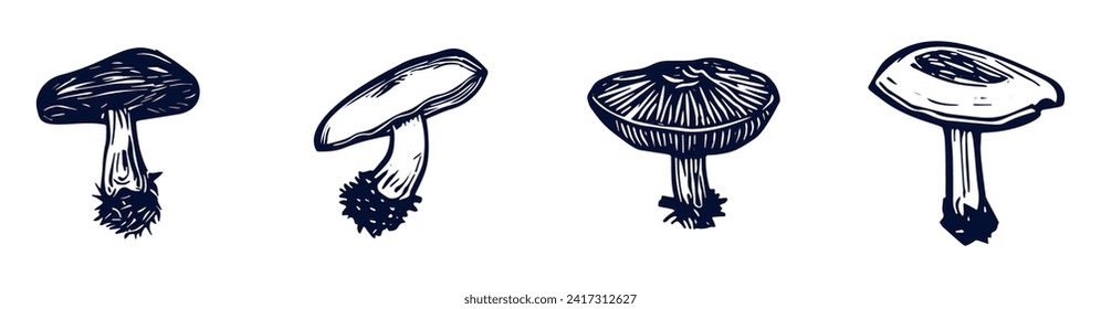 Handmade blockprint mushroom vector motif clipart set in folkart scandi style. Simple monochrome linocut fungi shapes with naive rural lineart collection. 