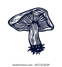 Handmade blockprint mushroom vector motif clipart in folkart scandi style. Simple monochrome linocut fungi shapes with naive rural lineart.