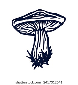 Handmade blockprint mushroom vector motif clipart in folkart scandi style. Simple monochrome linocut fungi shapes with naive rural lineart.