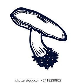 Handmade blockprint mushroom vector motif clipart in folkart scandi style. Simple monochrome linocut fungi shapes with naive rural lineart.