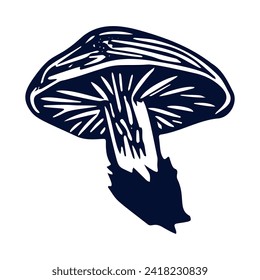 Handmade blockprint mushroom vector motif clipart in folkart scandi style. Simple monochrome linocut fungi shapes with naive rural lineart.