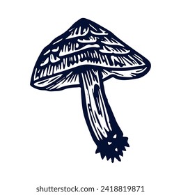 Handmade blockprint mushroom vector motif clipart in folkart scandi style. Simple monochrome linocut fungi shapes with naive rural lineart.