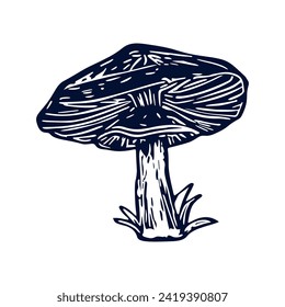 Handmade blockprint mushroom vector motif clipart in folkart scandi style. Simple monochrome linocut fungi shapes with naive rural lineart.