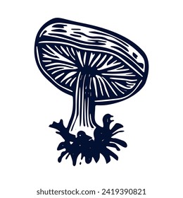 Handmade blockprint mushroom vector motif clipart in folkart scandi style. Simple monochrome linocut fungi shapes with naive rural lineart.