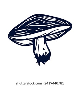 Handmade blockprint mushroom vector motif clipart in folkart scandi style. Simple monochrome linocut fungi shapes with naive rural lineart.