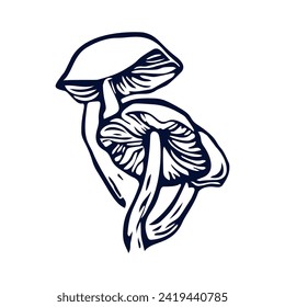 Handmade blockprint mushroom vector motif clipart in folkart scandi style. Simple monochrome linocut fungi shapes with naive rural lineart.