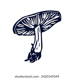 Handmade blockprint mushroom vector motif clipart in folkart scandi style. Simple monochrome linocut fungi shapes with naive rural lineart.