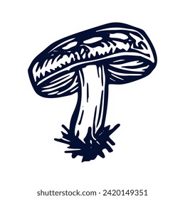 Handmade blockprint mushroom vector motif clipart in folkart scandi style. Simple monochrome linocut fungi shapes with naive rural lineart.