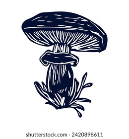 Handmade blockprint mushroom vector motif clipart in folkart scandi style. Simple monochrome linocut fungi shapes with naive rural lineart.