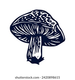 Handmade blockprint mushroom vector motif clipart in folkart scandi style. Simple monochrome linocut fungi shapes with naive rural lineart.