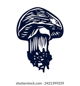 Handmade blockprint mushroom vector motif clipart in folkart scandi style. Simple monochrome linocut fungi shapes with naive rural lineart.