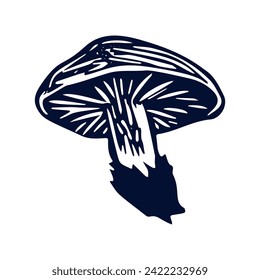 Handmade blockprint mushroom vector motif clipart in folkart scandi style. Simple monochrome linocut fungi shapes with naive rural lineart.