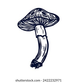 Handmade blockprint mushroom vector motif clipart in folkart scandi style. Simple monochrome linocut fungi shapes with naive rural lineart.