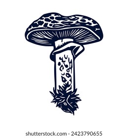 Handmade blockprint mushroom vector motif clipart in folkart scandi style. Simple monochrome linocut fungi shapes with naive rural lineart.