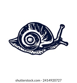 Handmade blockprint snail vector motif clipart in folkart scandi style. Simple monochrome linocut mollusc shapes with naive rural lineart.