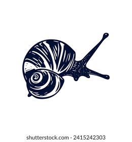 Handmade blockprint snail vector motif clipart in folkart scandi style. Simple monochrome linocut mollusc shapes with naive rural lineart.