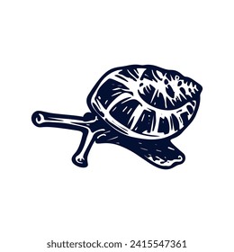 Handmade blockprint snail vector motif clipart in folkart scandi style. Simple monochrome linocut mollusc shapes with naive rural lineart.